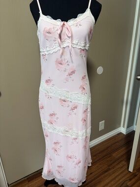 SHEIN Blush Pink Floral Lace-Trim Satin Chemise Nightgown